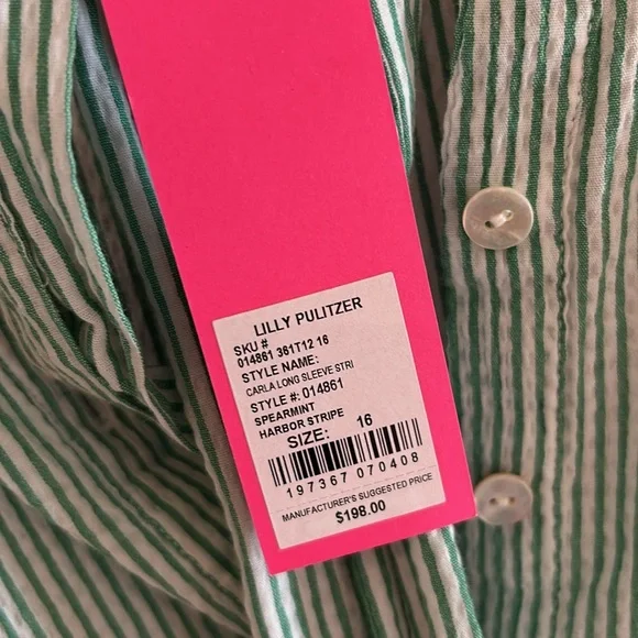Lilly Pulitzer Mini Dress 16 Carla Striped Green White Seersucker Long Sleeves - Picture 2 of 3